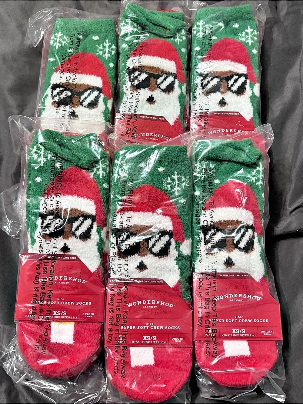 Six double packages of socks Wondershop Kids Super Soft Crew Socks Santa Unisex